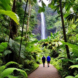 Caribbean Holidays, Puerto Rico Holidays, Puerto Rico tropical rainforest with lush green foliage, a waterfall and visitors walking along a scenic trail in July