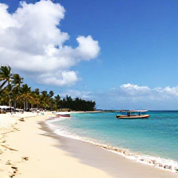 Caribbean Holidays, Puerto Rico Holidays, Relaxed Caribbean beach with turquoise water, palm trees and colourful island boats in May sunshine