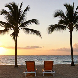 Caribbean Holidays, Puerto Rico Holidays, Relaxed Puerto Rico beach at sunset with palm trees, soft golden light and two empty loungers facing the sea