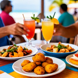Caribbean Holidays, Puerto Rico Holidays, Travellers enjoying colourful Puerto Rican food at an outdoor restaurant, with mofongo, fresh seafood and tropical drinks