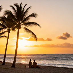 Caribbean Holidays, Puerto Rico Holidays, Travellers relaxing at a Puerto Rico beach at sunset, with palm trees, gentle waves and warm golden light