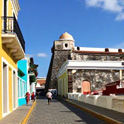 Caribbean Holidays, Puerto Rico Holidays, Visitors walking along colourful cobbled streets in Old San Juan, Puerto Rico, beside Spanish colonial buildings and historic fortifications