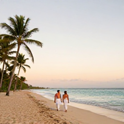 Caribbean Holidays, Puerto Rico Honeymoon, A newlywed couple walking along a quiet golden beach in Puerto Rico at sunset, palm trees, calm turquoise sea