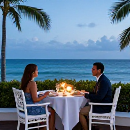 Caribbean Holidays, Puerto Rico Honeymoon, Elegant Puerto Rican honeymoon dinner for two on a terrace overlooking the sea, soft lights and tropical evening