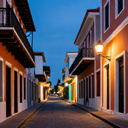 Caribbean Holidays, Puerto Rico Honeymoon, Romantic evening in historic Old San Juan, colourful colonial buildings, cobbled street and warm lantern light
