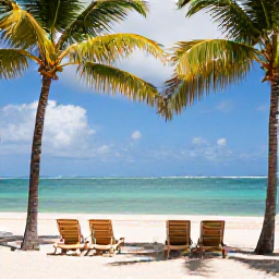 Caribbean Holidays, Puerto Rico Honeymoon, Romantic white-sand beach in Puerto Rico with two sun loungers, palm trees and clear Caribbean water