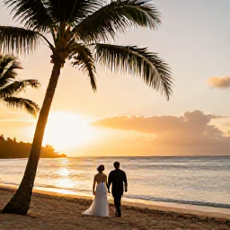 Caribbean Holidays, Puerto Rico Honeymoons, A newlywed couple walking along a palm-fringed Puerto Rico beach at sunset in October, warm golden light and calm Atlantic water
