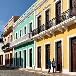 Caribbean Holidays, Puerto Rico Honeymoons, Colourful historic streets of Old San Juan with pastel buildings, balconies, cobbled pavement and a couple exploring in bright morning sunshine