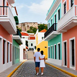 Caribbean Holidays, Puerto Rico Honeymoons, Couple exploring colourful cobbled streets in Old San Juan, pastel buildings, balconies and historic fort walls in the background