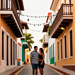 Caribbean Holidays, Puerto Rico Honeymoons, Couple exploring colourful colonial streets and historic buildings in Old San Juan, Puerto Rico, with festive decorations