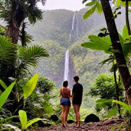 Caribbean Holidays, Puerto Rico Honeymoons, Couple hiking through lush El Yunque National Forest in Puerto Rico, with tropical plants, a waterfall and mountain scenery