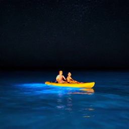 Caribbean Holidays, Puerto Rico Honeymoons, Couple kayaking through the bioluminescent waters of a Puerto Rico bay at night, glowing blue water beneath a starry sky
