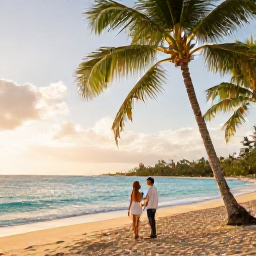 Caribbean Holidays, Puerto Rico Honeymoons, Couple relaxing beneath palm trees on a quiet golden beach in Puerto Rico, turquoise water and soft morning sunshine