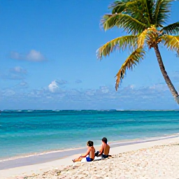 Caribbean Holidays, Puerto Rico Honeymoons, Couple relaxing on a palm-fringed Puerto Rican beach with turquoise water and soft white sand, clear December daylight