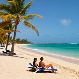 Caribbean Holidays, Puerto Rico Honeymoons, Couple relaxing on a quiet golden beach in Puerto Rico with turquoise water, palm trees, sun loungers and clear blue March sky