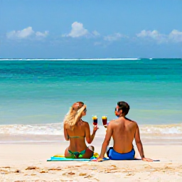 Caribbean Holidays, Puerto Rico Honeymoons, Couple relaxing on a quiet Puerto Rico beach with tropical drinks, soft sand and turquoise Caribbean sea