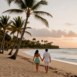 Caribbean Holidays, Puerto Rico Honeymoons, Couple walking hand in hand along a palm-fringed Puerto Rican beach at sunset, warm February light, relaxed Caribbean atmosphere
