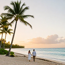 Caribbean Holidays, Puerto Rico Honeymoons, Couple walking hand in hand along a palm-fringed Puerto Rico beach at sunset, warm Caribbean light and calm turquoise water