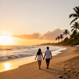 Caribbean Holidays, Puerto Rico Honeymoons, Couple walking hand in hand along a quiet golden beach in Puerto Rico at sunset, gentle waves and palm trees