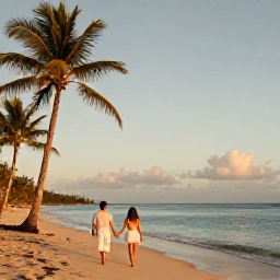 Caribbean Holidays, Puerto Rico Honeymoons, Couple walking hand in hand along a quiet golden beach in Puerto Rico at sunset, palm trees and calm Caribbean sea