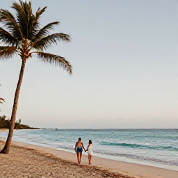 Caribbean Holidays, Puerto Rico Honeymoons, Couple walking hand in hand along a quiet Puerto Rico beach at sunrise in January, palm trees and calm turquoise sea