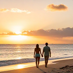 Caribbean Holidays, Puerto Rico Honeymoons, Couple walking hand in hand along a quiet Puerto Rico beach at sunset, warm Caribbean light and calm sea