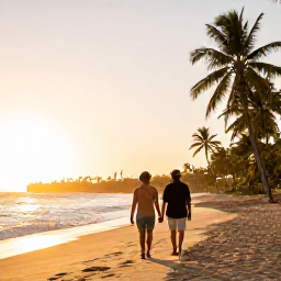Caribbean Holidays, Puerto Rico Honeymoons, Couple walking hand in hand along a quiet Puerto Rico beach at sunset, warm Caribbean light and palm trees