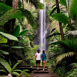 Caribbean Holidays, Puerto Rico Honeymoons, Couple walking through lush El Yunque rainforest in Puerto Rico, with tropical foliage, a waterfall and soft natural light