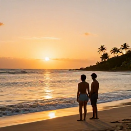 Caribbean Holidays, Puerto Rico Honeymoons, Couple watching a golden sunset from a Puerto Rico beach, soft waves and palm silhouettes creating a romantic scene