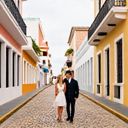 Caribbean Holidays, Puerto Rico Honeymoons, Elegant honeymoon couple exploring the colourful cobbled streets and historic buildings of Old San Juan, Puerto Rico