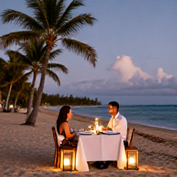Caribbean Holidays, Puerto Rico Honeymoons, Elegant honeymoon dinner for two on a Puerto Rico beach, lanterns, white tablecloth, palm trees and ocean at dusk