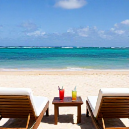 Caribbean Holidays, Puerto Rico Honeymoons, Elegant honeymoon hotel terrace overlooking a bright turquoise Puerto Rican beach, with two drinks and comfortable loungers