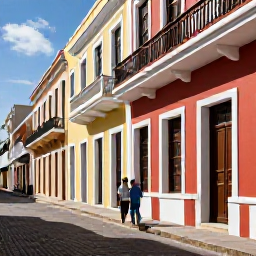 Caribbean Holidays, Puerto Rico Honeymoons, Historic Old San Juan street with colourful Spanish colonial buildings, cobbled pavement, balconies and a couple exploring in October sunshine