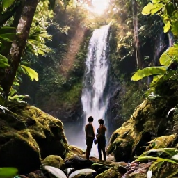 Caribbean Holidays, Puerto Rico Honeymoons, Honeymoon couple hiking through El Yunque National Forest with lush tropical foliage, a small waterfall and filtered sunlight
