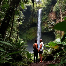 Caribbean Holidays, Puerto Rico Honeymoons, Honeymoon couple hiking through lush El Yunque rainforest in Puerto Rico, tropical foliage, waterfall and soft October daylight