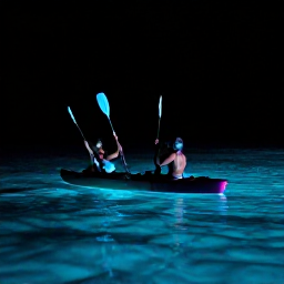 Caribbean Holidays, Puerto Rico Honeymoons, Honeymoon couple kayaking through clear bioluminescent water in Puerto Rico at night, glowing blue trails around the paddles