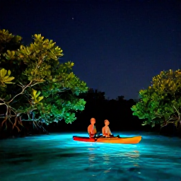 Caribbean Holidays, Puerto Rico Honeymoons, Honeymoon couple kayaking through glowing bioluminescent waters in Puerto Rico at night, mangrove trees and starry sky