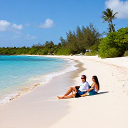 Caribbean Holidays, Puerto Rico Honeymoons, Honeymoon couple relaxing on a secluded white sand beach in Vieques, Puerto Rico, with clear water and tropical vegetation
