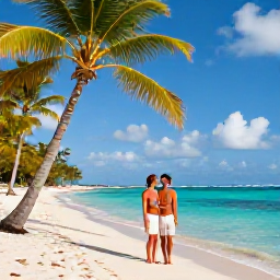 Caribbean Holidays, Puerto Rico Honeymoons, Honeymoon couple relaxing on a tranquil Puerto Rico beach with turquoise water, white sand and swaying palm trees
