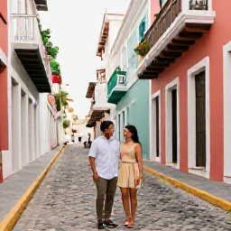 Caribbean Holidays, Puerto Rico Honeymoons, Newlywed couple exploring colourful cobbled streets and historic colonial buildings in Old San Juan, Puerto Rico