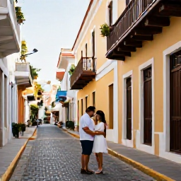 Caribbean Holidays, Puerto Rico Honeymoons, Newlywed couple exploring the colourful cobbled streets and historic buildings of Old San Juan in warm January sunshine