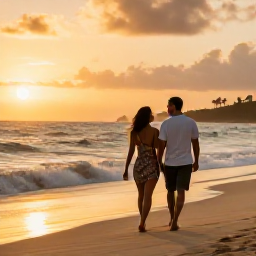 Caribbean Holidays, Puerto Rico Honeymoons, Newlywed couple strolling beside a golden Caribbean beach in Puerto Rico at sunset, relaxed and intimate travel photograph