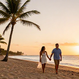 Caribbean Holidays, Puerto Rico Honeymoons, Newlywed couple walking hand in hand along a palm-fringed Puerto Rican beach at sunset, warm Caribbean light, relaxed romantic atmosphere