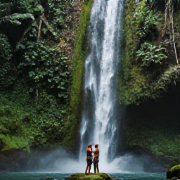 Caribbean Holidays, Puerto Rico Honeymoons, Newlyweds beneath a rainforest waterfall in El Yunque National Forest, lush green foliage and tropical August atmosphere