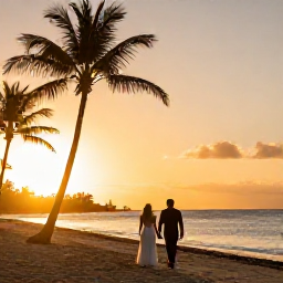 Caribbean Holidays, Puerto Rico Honeymoons, Newlyweds walking hand in hand along a palm-fringed Puerto Rican beach at sunset, warm August light and calm Caribbean Sea