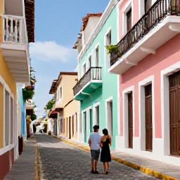 Caribbean Holidays, Puerto Rico Honeymoons, Romantic couple exploring colourful Old San Juan, cobbled street, pastel buildings, balconies and historic Spanish architecture