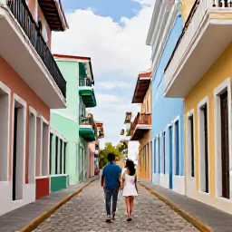 Caribbean Holidays, Puerto Rico Honeymoons, Romantic couple exploring the colourful cobbled streets of Old San Juan, pastel buildings, balconies and historic Spanish architecture