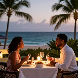 Caribbean Holidays, Puerto Rico Honeymoons, Romantic Puerto Rican dinner for two on a stylish terrace, tropical evening setting, candlelight, local food and subtle sea view