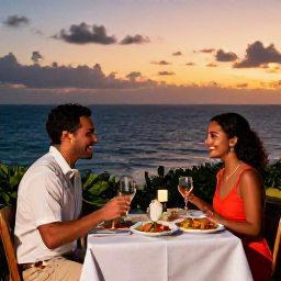 Caribbean Holidays, Puerto Rico Honeymoons, Romantic Puerto Rican dinner for two on a terrace overlooking the Caribbean Sea, sunset sky and local cuisine