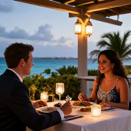 Caribbean Holidays, Puerto Rico Honeymoons, Romantic Puerto Rican dinner for two on an outdoor terrace, lanterns, local dishes and a warm evening atmosphere